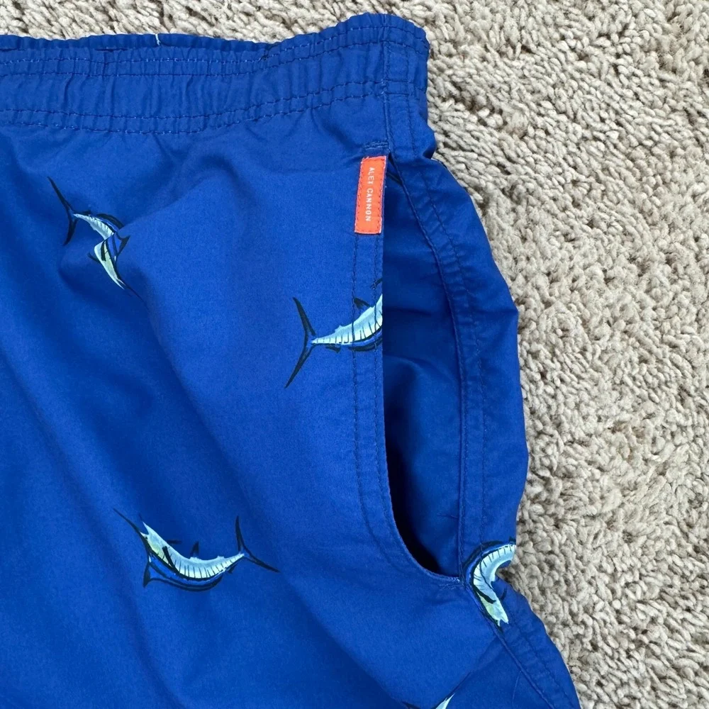Alex Cannon Swim Trunks Men L Marlin Print Quick Dry Blue Drawstring Swim Shorts